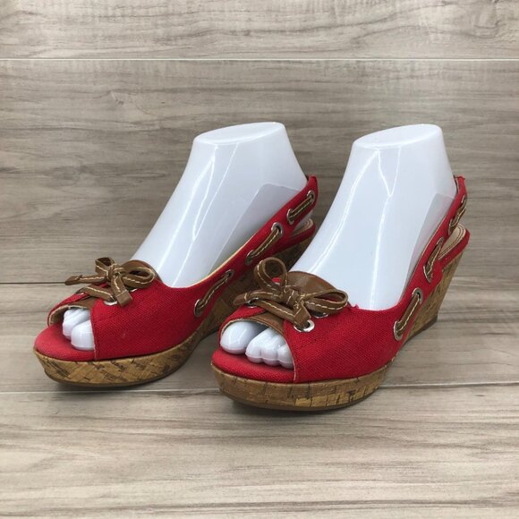 Nickels Wedges Women's 6.5 Ajax Red Cork Slingback Open Toe - Picture 2 of 11
